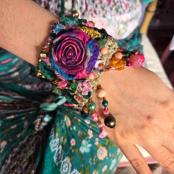 Gypsy Hand Embroidered Bracelet | Boho Tie-dye -Style Textile Cuff | Whimsical - Picture 2 of 11